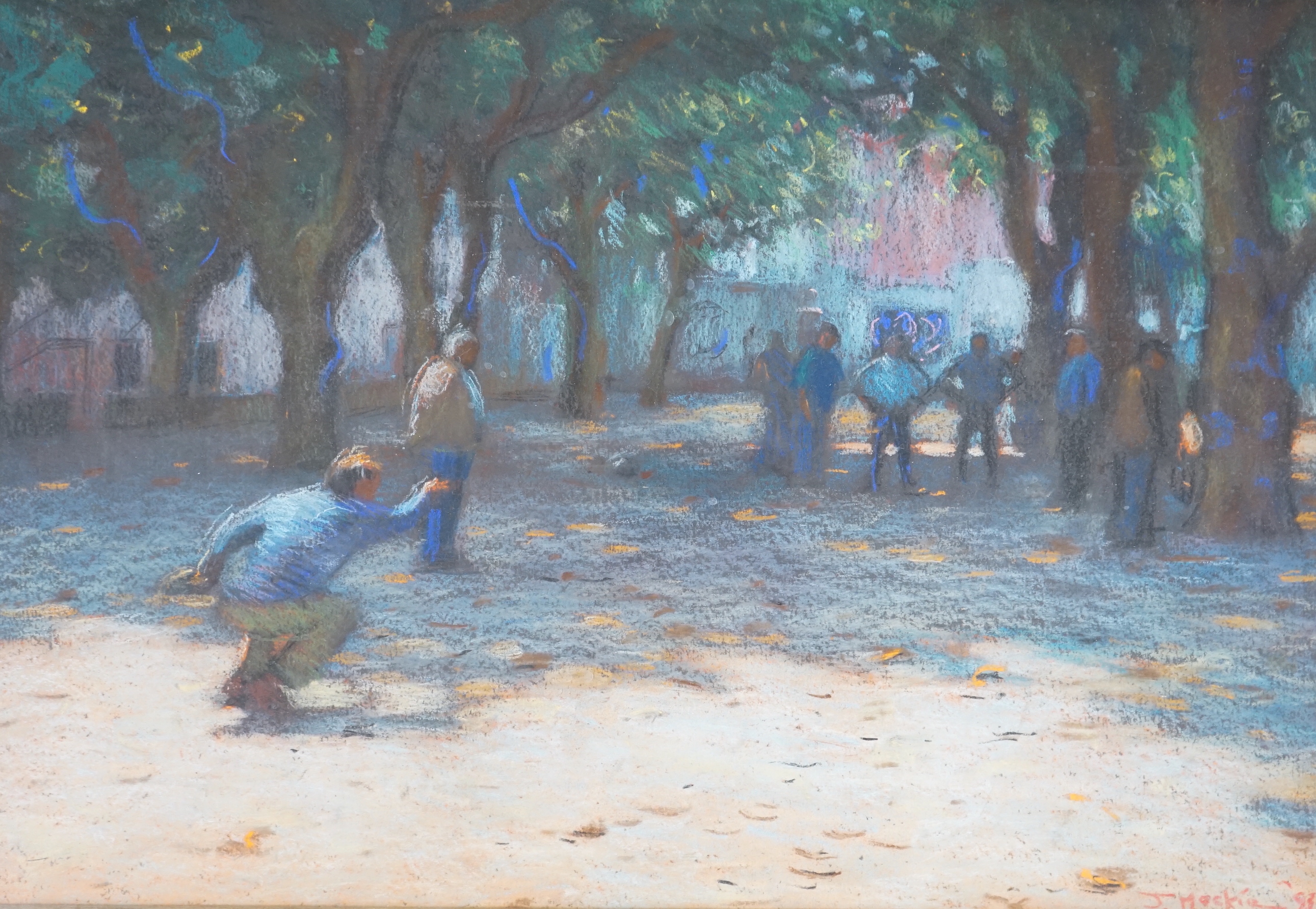 John Mackie (Scottish, b. 1953) pastel, ‘Petanque Collioure’, signed and dated '93, 40 x 57cm